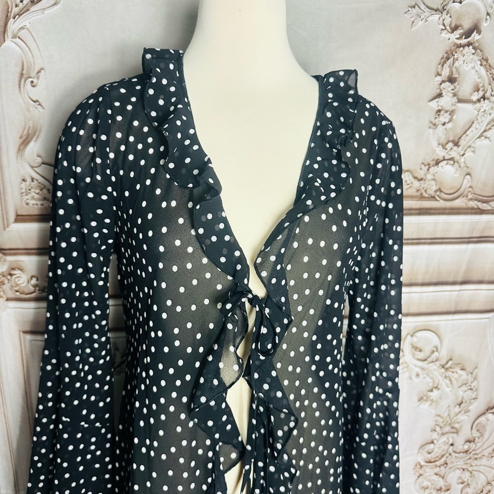 Black & White Polka Dot Tie-Front Cardigan - Picture 3 of 13